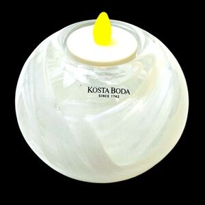 Kosta Boda Cool Moon Clear White Swirled Art Glass Ball Candle Holder Sweden
